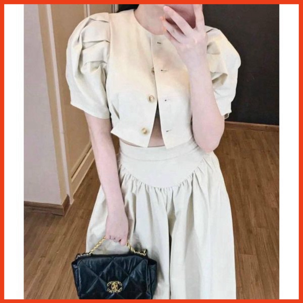 Sale bất ngờ  SET ĐUI THÔ ÁO CROPTOP TAY BỒNG - Set đồ ullzang tay bồng cổ vest siêu sinh