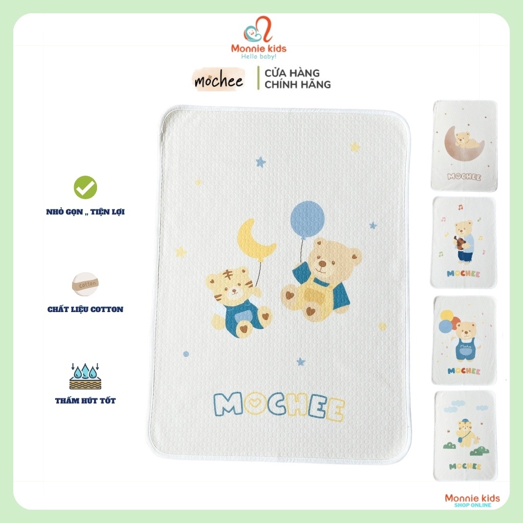 Miếng lót chống thấm cotton cho bé Mochee 47x70cm, tấm lót thay bỉm họa tiết - Monnie Kids