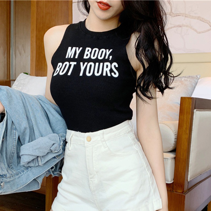 Áo Croptop sát nách cổ tròn hoạ tiết chữ cho phái nữ