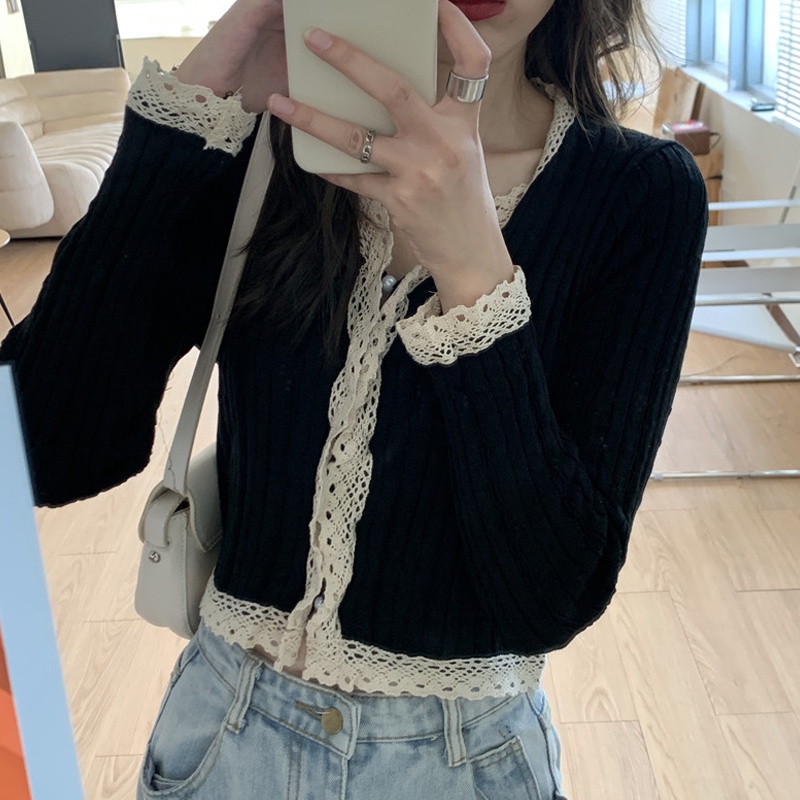 Áo khoác cardigan ZHELIHANGFEI dệt kim cổ chữ V phối ren hoa thiết kế thanh lịch