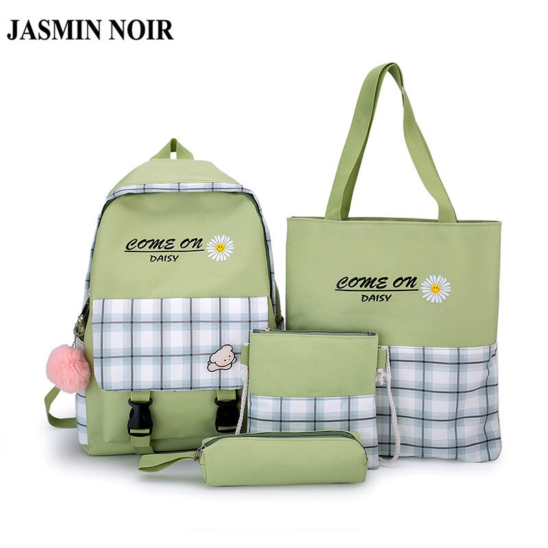 Set 4 Ba Lô JASMIN NOIR Túi Ví Canvas Họa Tiết Ca Rô Dễ Thương Cho Nữ