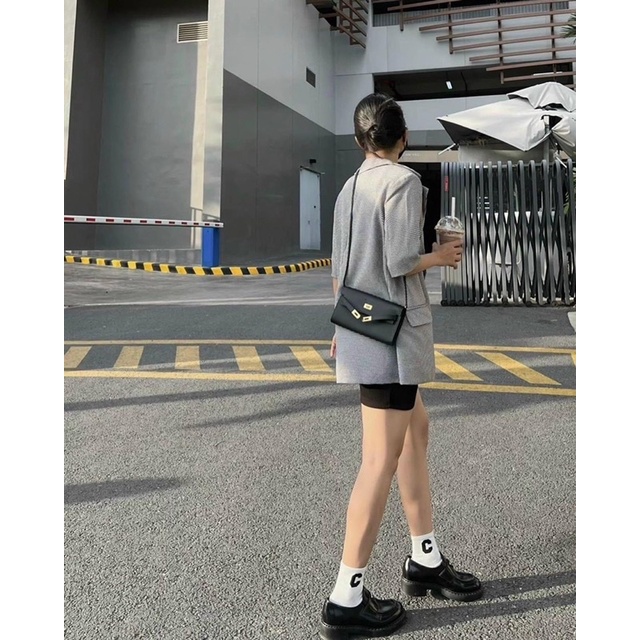 [Ảnh thật/Video]Áo blazer kẻ cộc tay hai lớp có đệm vai Hàn Quốc
