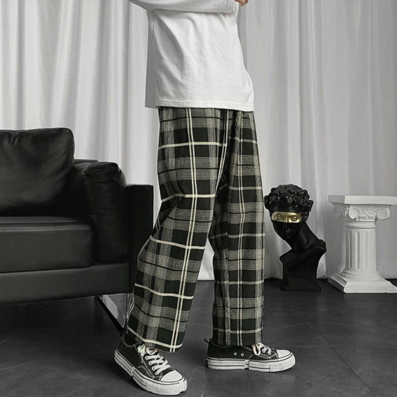 Quần dài ống rộng họa tiết sọc caro phong cách hip hop cho nam