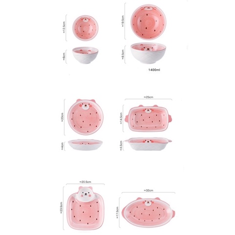 Bộ Bát Đĩa Sứ Decor Gấu Hồng Chấm Bi Dễ Thương Chén Đĩa Sứ Ăn Cơm Tô Canh Đĩa Đựng Thức Ăn