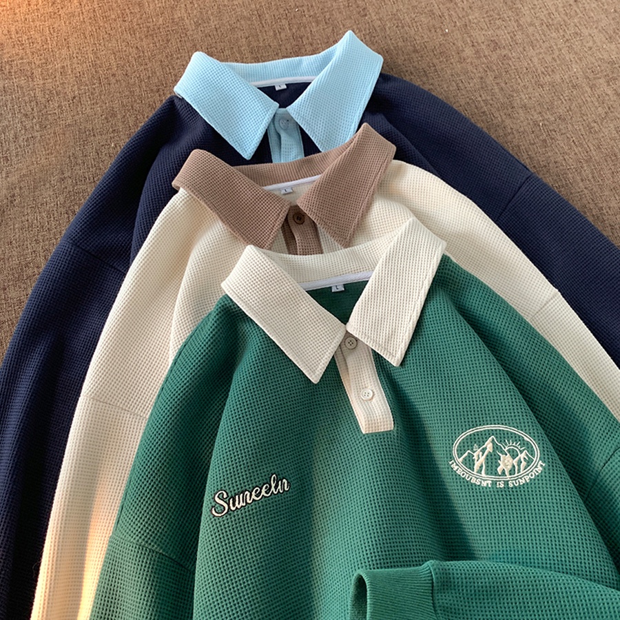 Áo sweater polo unisex - Hinata97 - Áo dáng rộng cổ bẻ tay dài chất vải Cotton tổ ong phong cách Ulzzang 2 màu