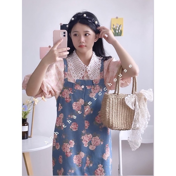Order | Set áo baby tay bồng Hồng Kông + đầm yếm jeans cổ điển hoạ tiết hoa hồng | BigBuy360 - bigbuy360.vn