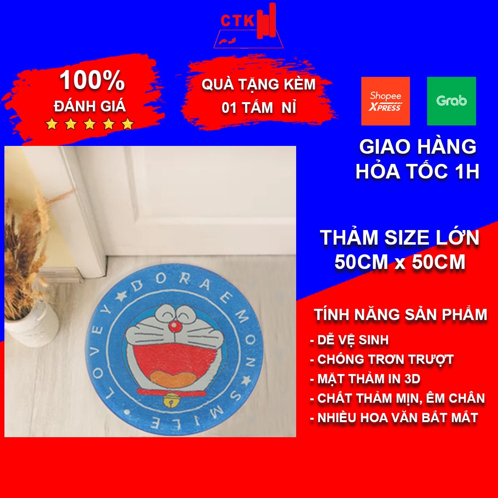 Thảm lau chân hình thú, thảm nhà bếp cao cấp chống trượt lông mịn hình tròn 50x50cm