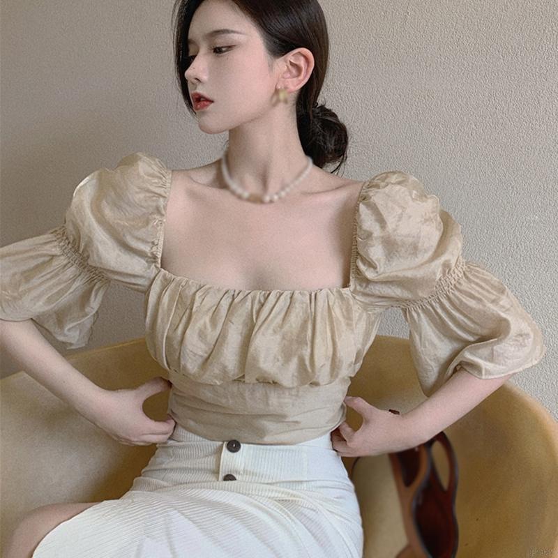 Áo kiểu croptop cổ vuông tay ngắn thiết kế dây đan chéo thắt nơ sau lưng màu trơn phong cách Hàn Quốc retro cho nữ