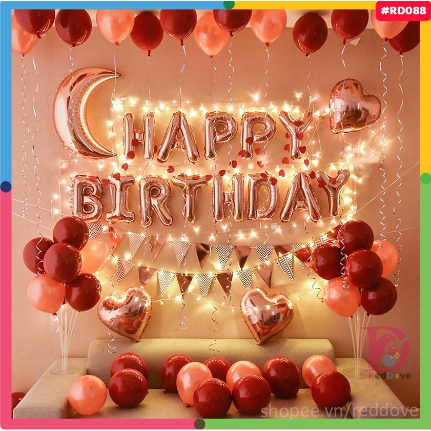 (kèm đèn led- tùy chọn) set bóng trang trí sinh nhật Happy Bridthday tone hồng pastel