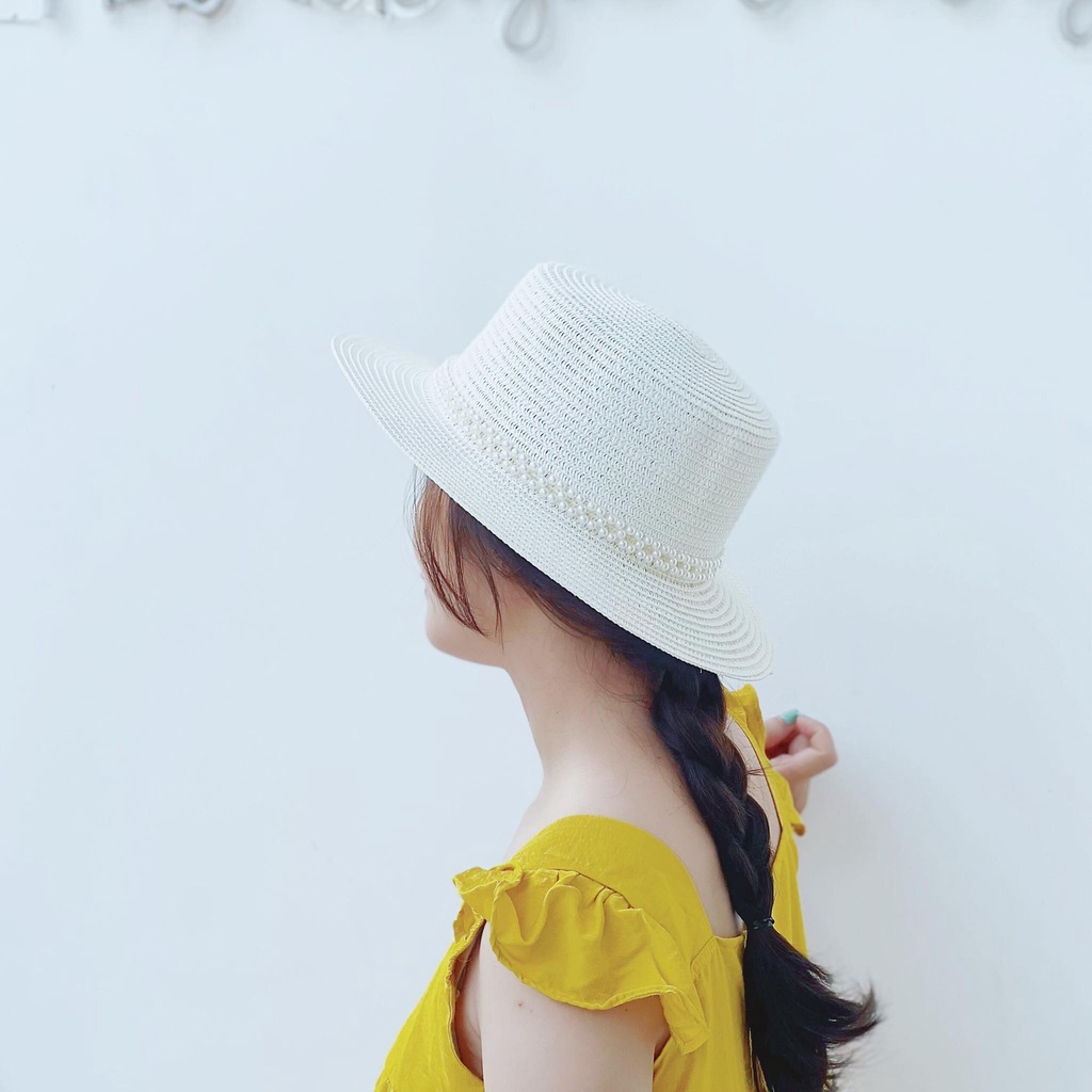Mũ cói Boater - đai ngọc 2 hàng - mẫu mới (đóng hộp)