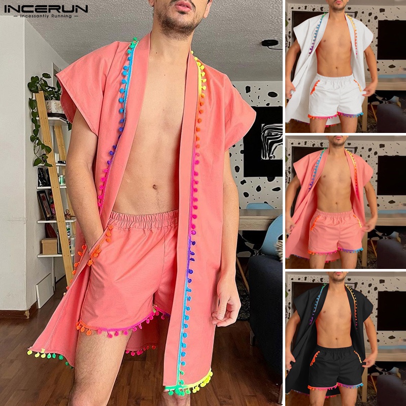 Set đồ INCERUN gồm áo khoác tay ngắn kèm quần short phối tua rua phong cách retro thời trang đi biển cho nam