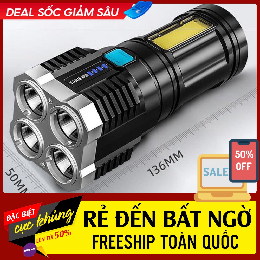 Đèn Pin Cầm Tay Chiếu Xa Siêu Sáng 4 Bóng 4 Chế Độ Sạc Tích Điện, Đèn Pin Led, Du Lịch