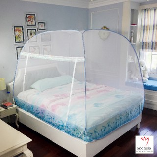 Màn Chụp Tự Bung Cao Cấp Mộc Miên Đỉnh Rộng - Trắng Viền Xanh  1 Cửa ( Hà Nội )