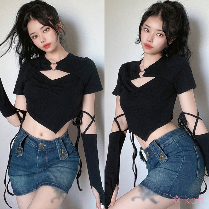 Áo Thun Croptop Hở Rốn Cài Nút Gợi Cảm Cho Bạn Gái