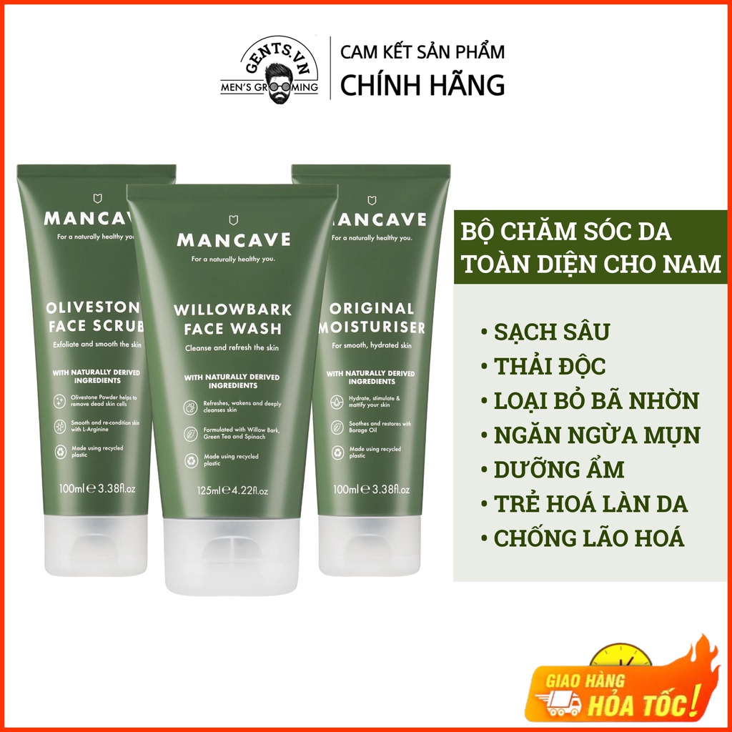Bộ sữa rửa mặt, tẩy tế bào chết và kem dưỡng ẩm da cho nam ManCave Original Skincare Set sạch sâu ngừa mụn giảm bã nhờn