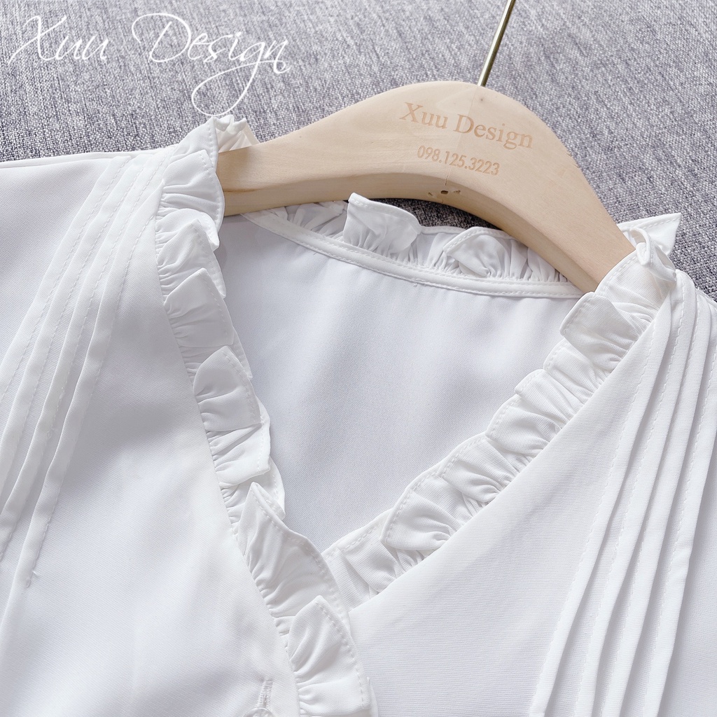 Áo sơ mi trắng nữ thời trang wexuu Design kiểu dáng tay lỡ cổ V phối vạt bèo thanh lịch - SP42