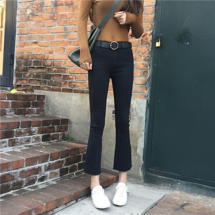 Quần Jeans Nữ Lưng Cao Ống Rộng Màu Đen