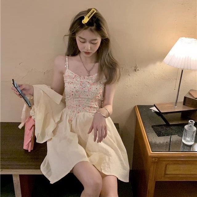Set Áo Sơ Mi Chiffon + Đầm Hai Dây Họa Tiết Hoa Phong Cách Pháp Cho Nữ