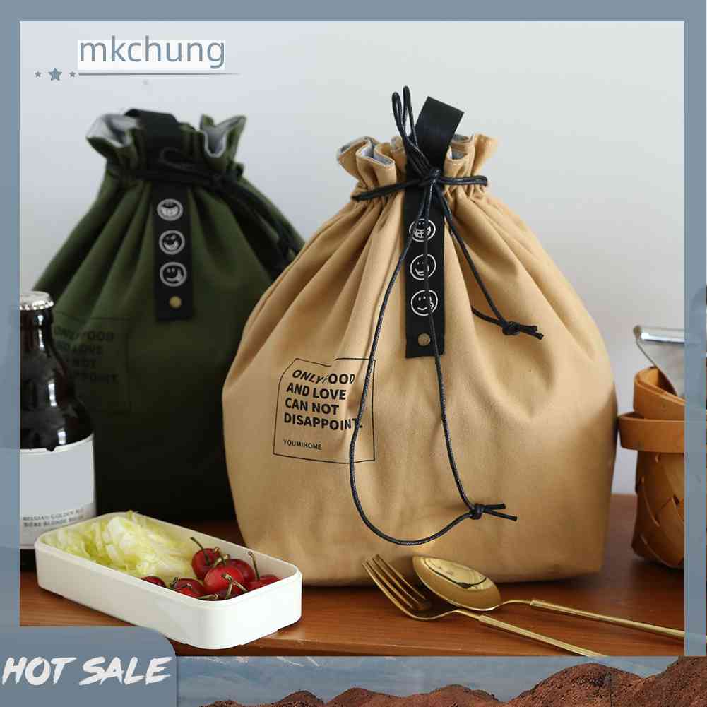 Túi Đựng Hộp Cơm Trưa Giữ Nhiệt Bằng Vải Canvas Có Dây Rút Tiện Lợi