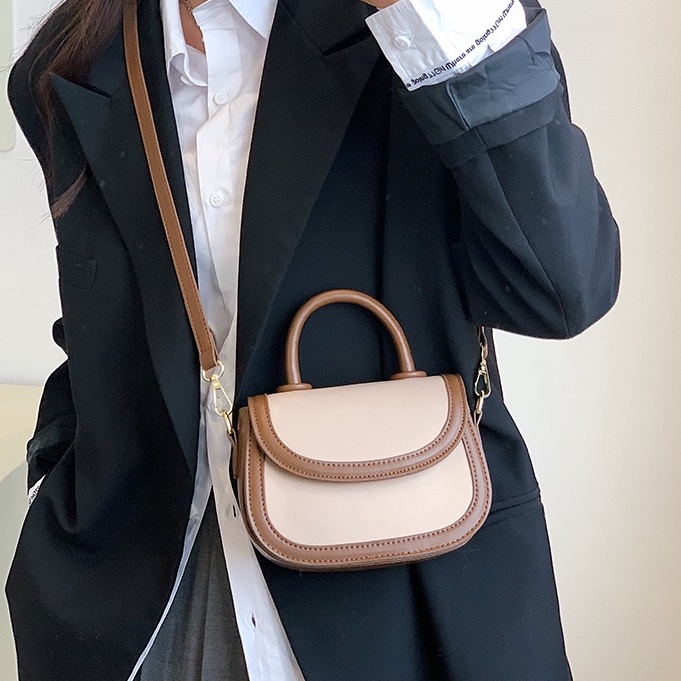 Túi đeo chéo da mini kèm quai xách tiện dụng phối viền nổi 2 màu nữ tính
