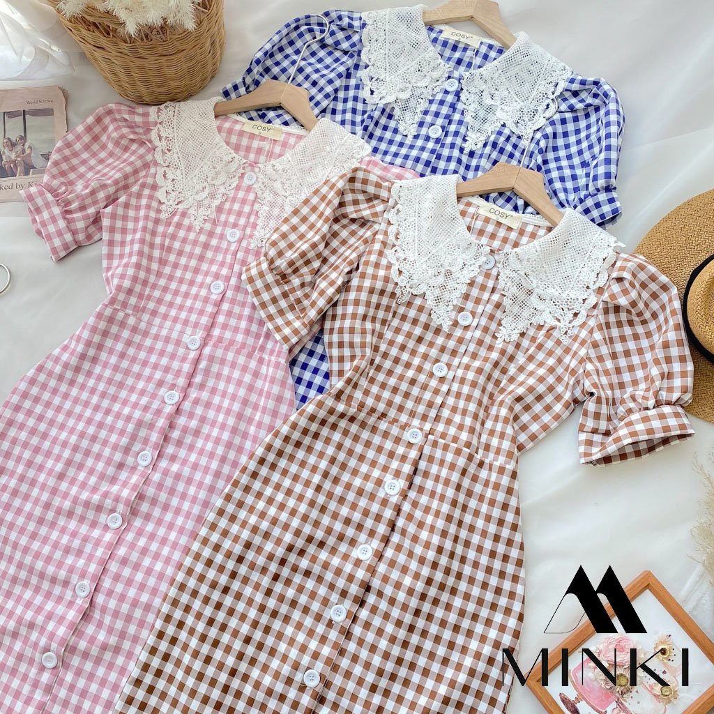 VÁY CARO CỔ REN CHO NỮ -Chất liệu Kaki Cotton nhập khẩu - Họa tiết Caro Hồng - Nâu - Xanh | BigBuy360 - bigbuy360.vn