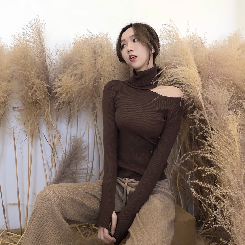 Áo len ZHELIHANGFEI cổ cao tay dài hở vai quyến rũ trẻ trung cho bạn gái