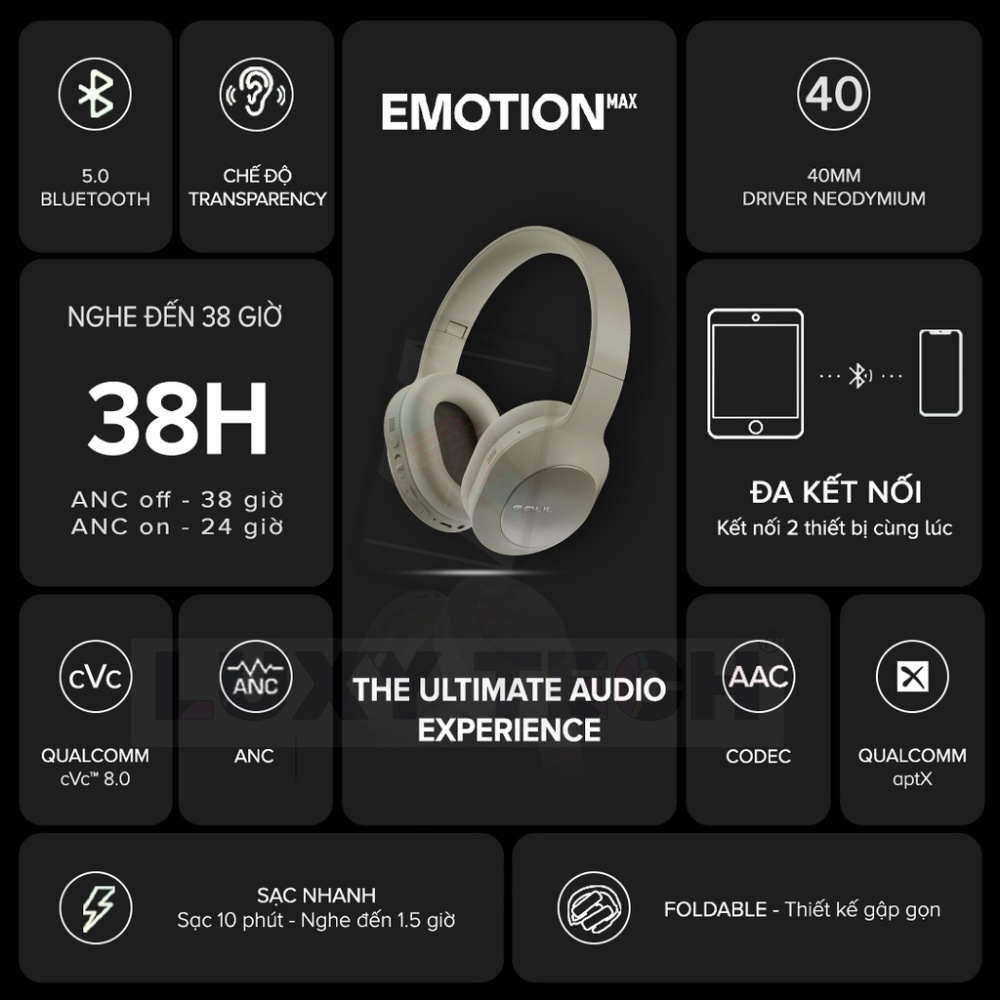 Tai Nghe Headphone Bluetooth SOUL Emotion Max, BT 5.0 ,Chống Ồn ANC, Driver 40mm - Chính Hãng BH 12 Tháng