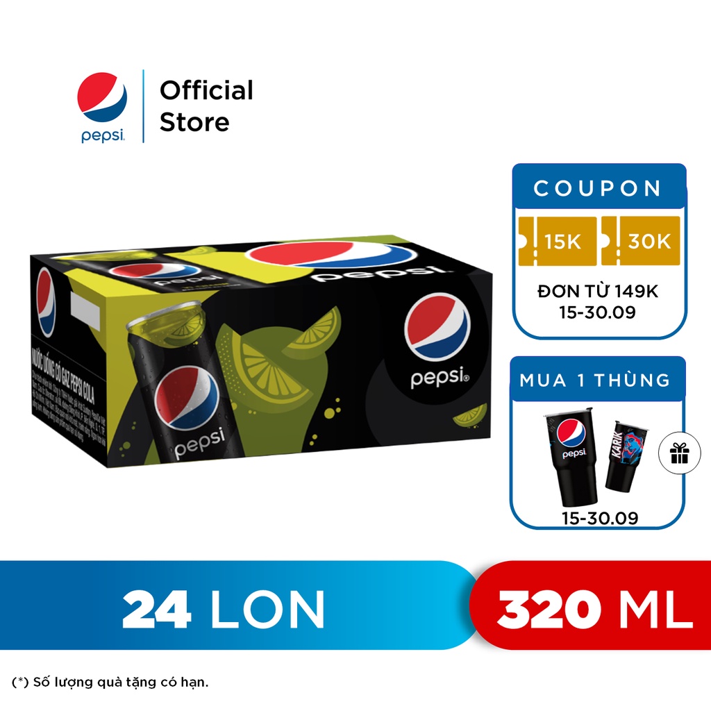 Thùng 24 Lon Nước Uống Có Gaz Pepsi Vị Chanh Không Calo (320ml/Lon)