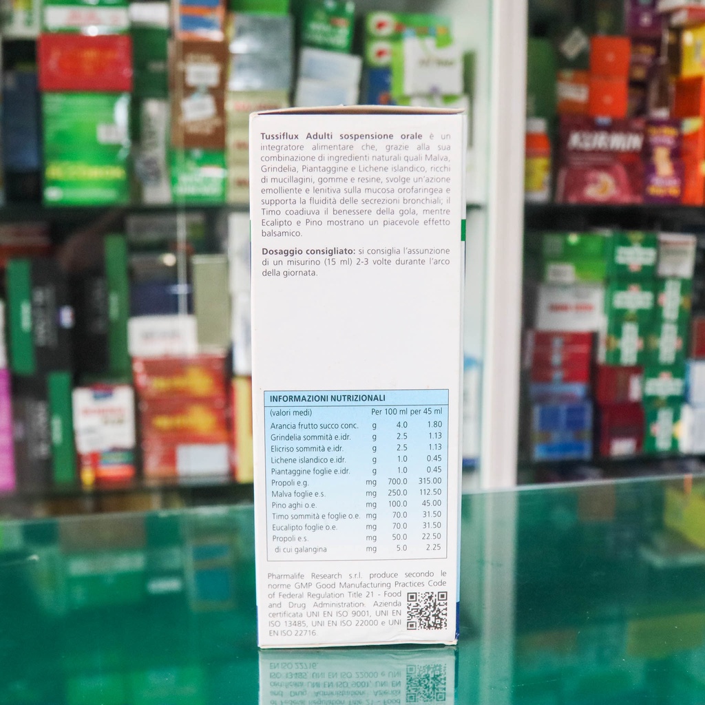Siro Tussiflux Adult, hỗ trợ làm dịu họng, giảm triệu chứng ho, đau rát họng (hộp 100ml - hàng chính hãng nhập khẩu Ý)