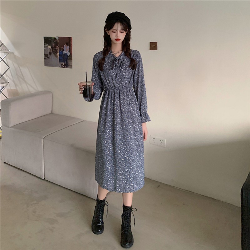 Đầm Dài Tay Màu Đen Họa Tiết Hoa Phong Cách Retro Pháp Cho Nữ