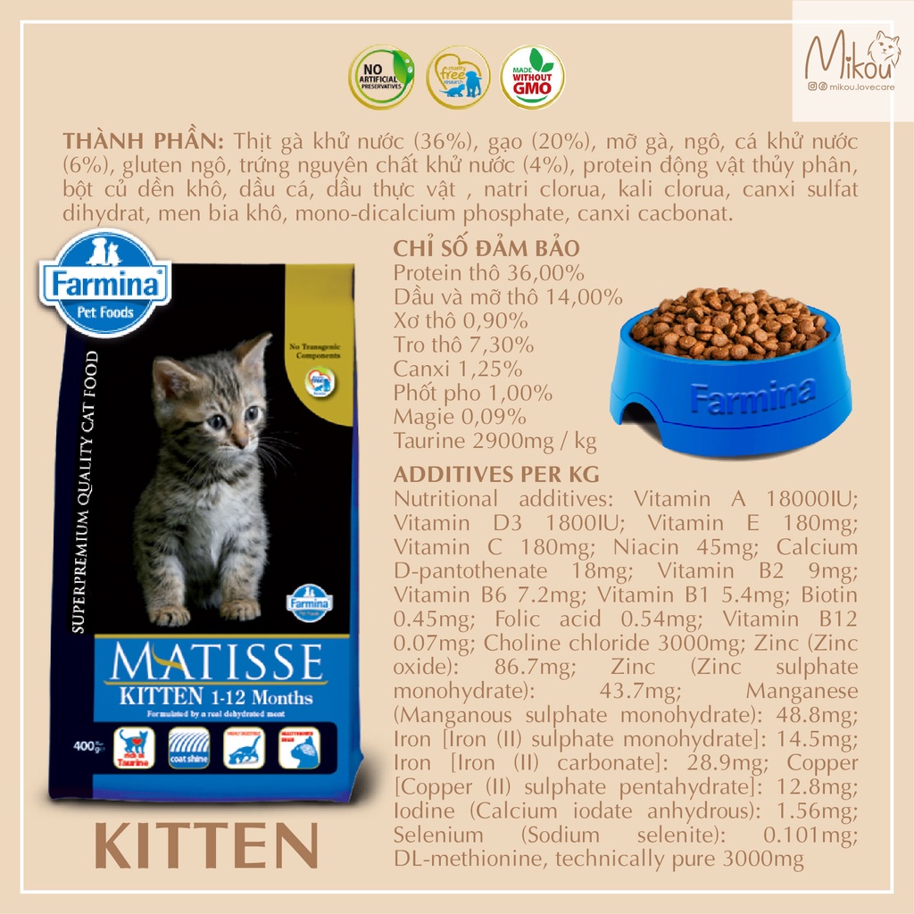 1kg matisse kitten, Hạt cho mèo con, mèo mang thai, mèo cho con bú, thức ăn cho mèo, Farmina, Mikou shop