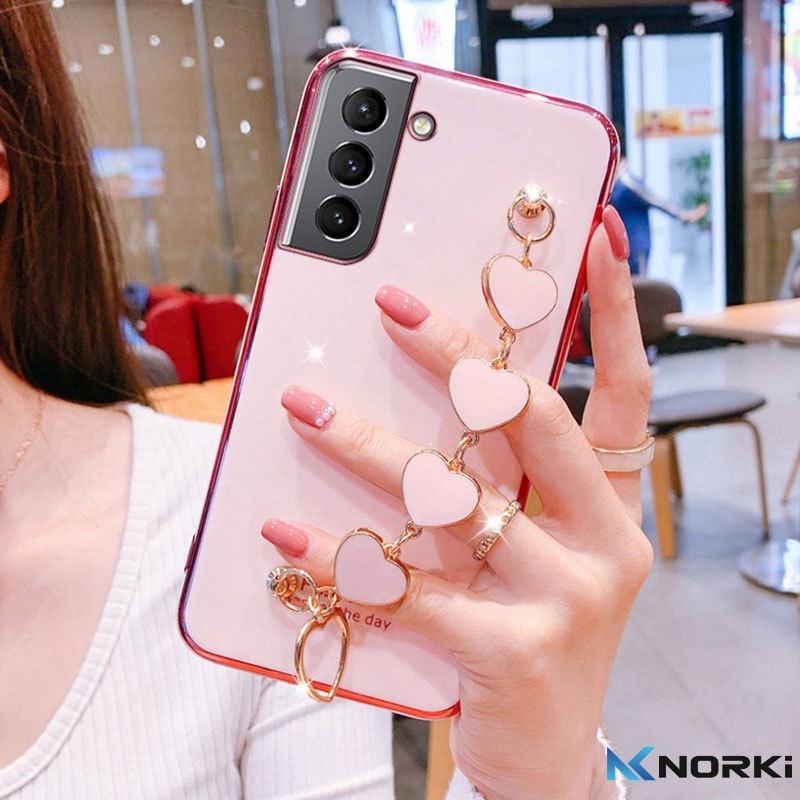 Ốp Điện Thoại Mềm Mạ Hình Trái Tim Có Dây Đeo Tay Cho Samsung Galaxy S22 S21 S9 Plus S21 S22 Ultra S21FE S20