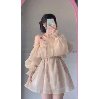 Đầm tơ trễ vai tay dài 2 lớp xịn xò