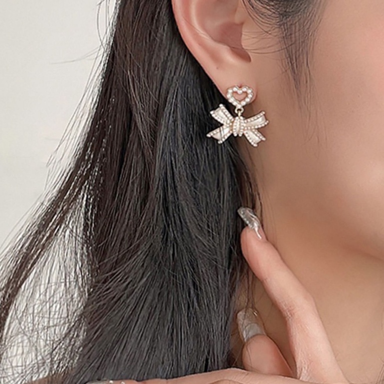 Bông Tai Mạ Bạc 925 Hình Nơ Đính Ngọc Trai Phong Cách Hàn Quốc Thời Trang