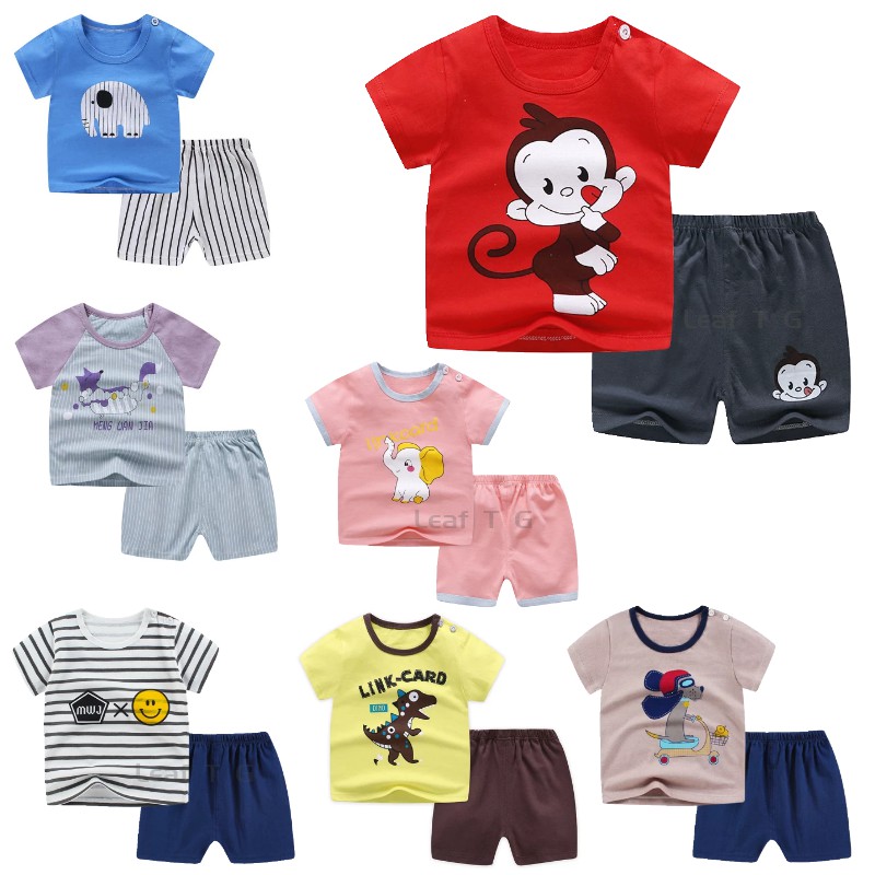 Bộ áo thun ngắn tay in hoạt hình + quần dài cho bé 0-6 tuổi