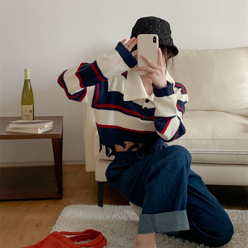 SUXI Áo Sweater Dệt Kim Tay Dài Hở Rốn Thời Trang Thu Đông Phong Cách Vintage