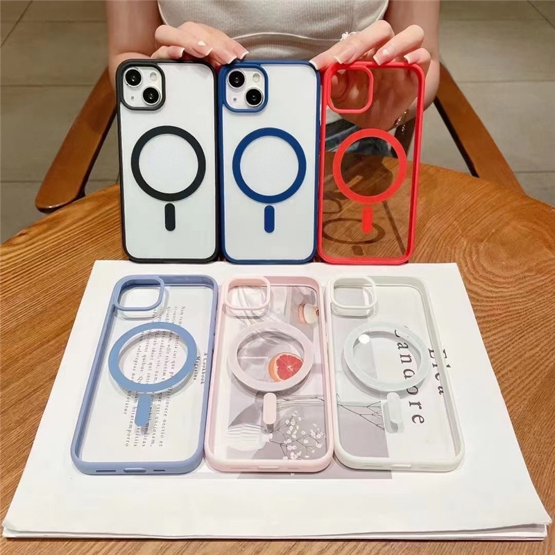 Ốp Điện Thoại Nhựa Acrylic Cứng Trong Suốt Viền Nam Châm Chống Sốc Cho iPhone 13 12 13 12 Pro Max