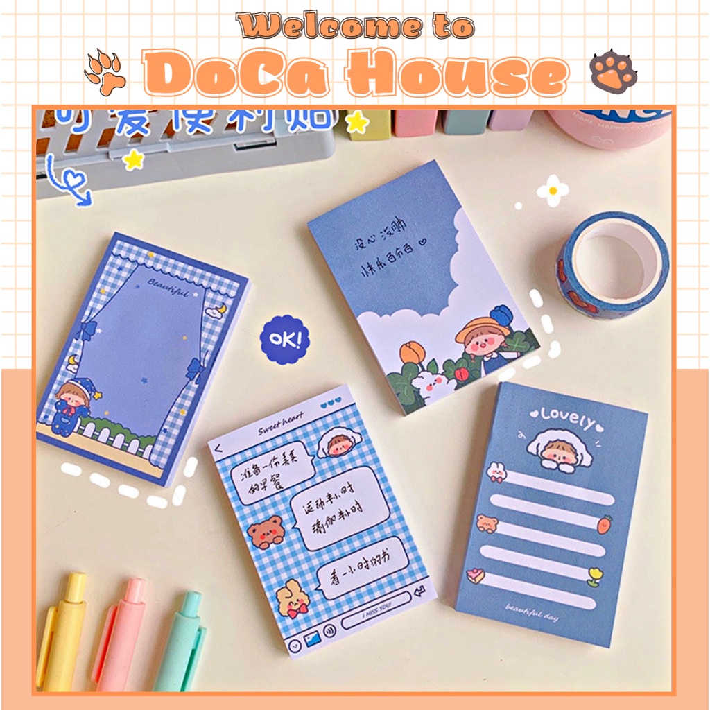 Giấy sticky note DOCA, giấy ghi chú tone xanh dương họa tiết bé gái dễ thương 80 tờ