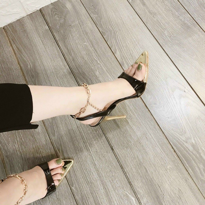 Sandal bản mũi nhọn vàng vòng cổ xích gót nhọn 9p (hàng đẹp)