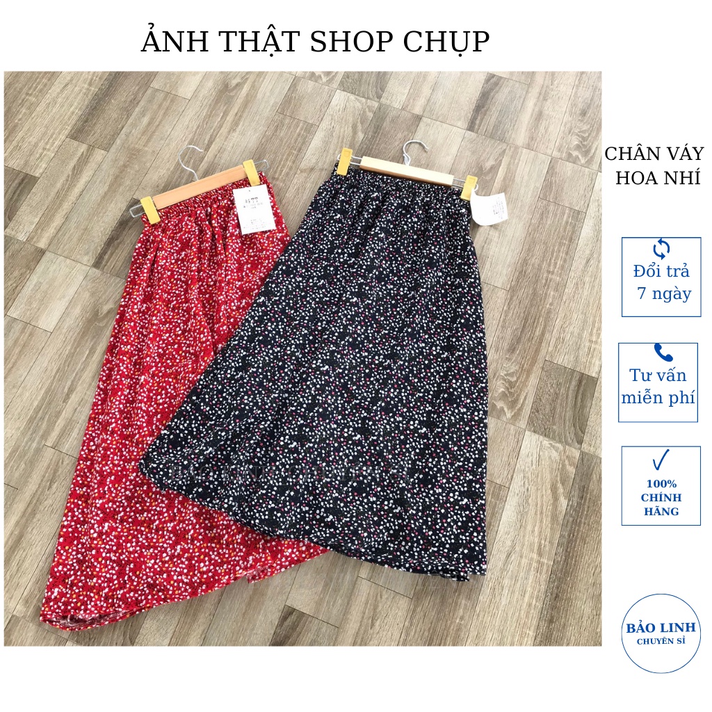 Chân váy hoa nhí dáng dài lưng cao qua gối cạp chun, vải lụa hàn mềm mát mặc đi làm đi biển đi học