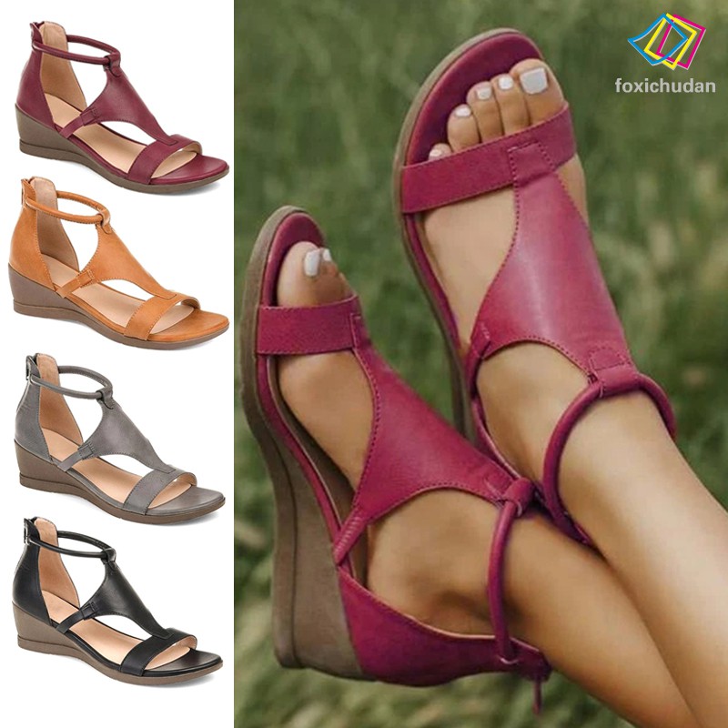 Giày Sandal Nữ Đế Xuồng Giả Da Nhiều Màu Thời Trang