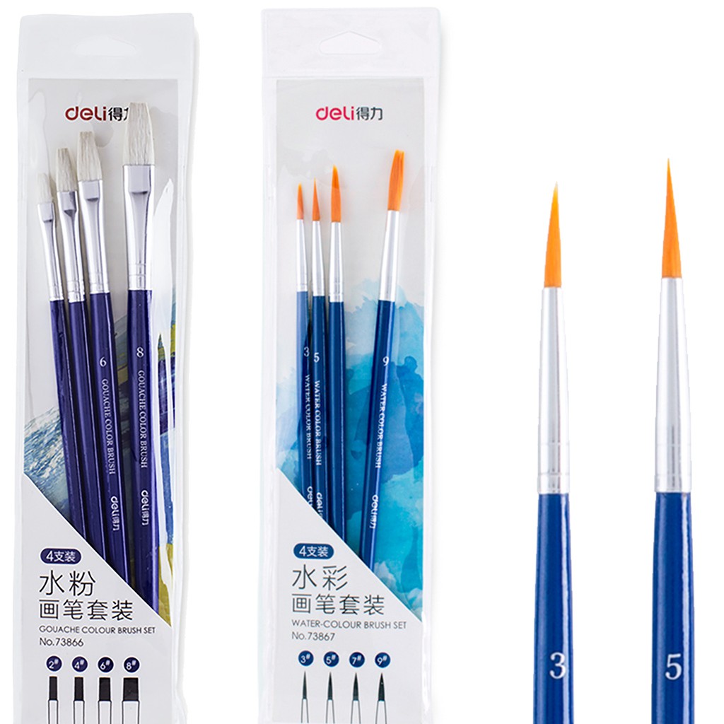 Bộ cọ vẽ chuyên nghiệp Deli - dùng cho màu nước/bột/sơn acrylic -Set 4/6 cây- 73885/73866/73867