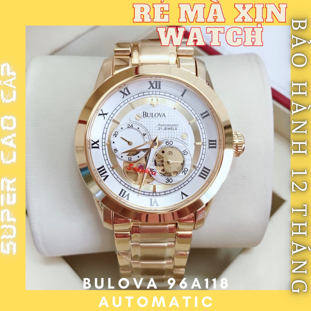 ĐỒNG HỒ NAM BULOVA MÁY CƠ 96A118 , DÂY THÉP MÀU VÀNG - GOLD , SIZE 42MM