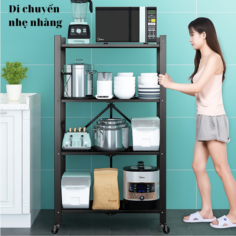 Kệ để đồ nhà bếp đa năng giá gấp gọn sơn tĩnh điện có bánh xe di chuyển thông minh đựng lò vi sóng 3 tầng 4 tầng 5 tầng