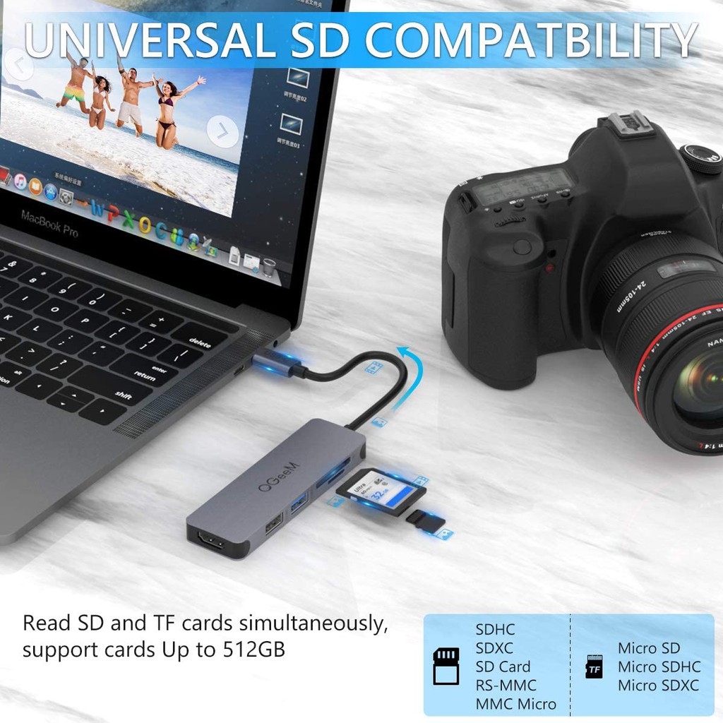 Bộ Hub QGeeM đa năng 5 trong 1 dành cho máy tính táo Pro 13/15 Surface Go,USB C Adapter - Hàng