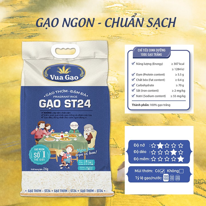 Combo 5 Túi Gạo ST24 – Chính Hãng Vua Gạo – Túi 2kg