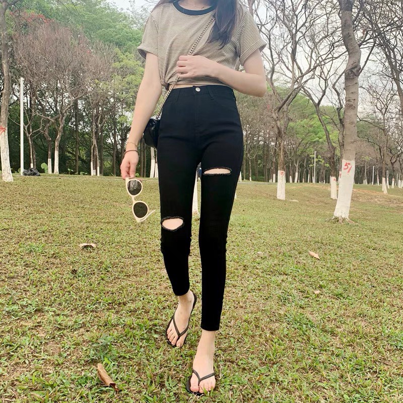 Quần jean dài Bigsize màu đen tuyền lưng cao, rách ngang đùi dành cho 60kg đến 90kg