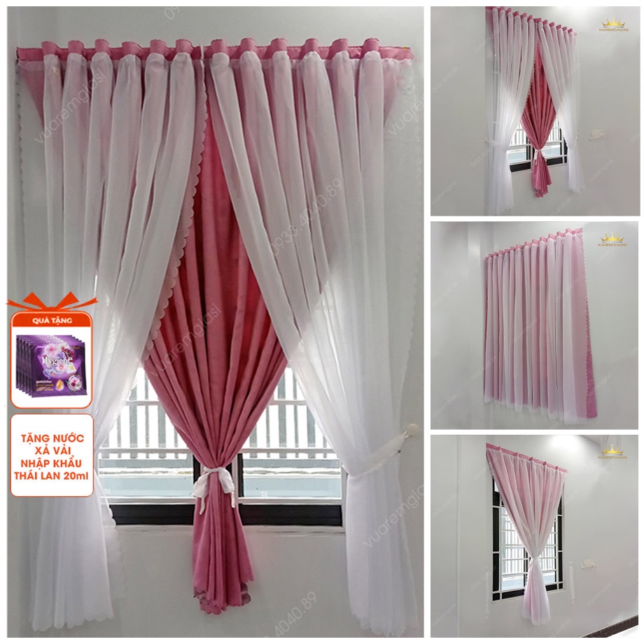 Rèm cửa dán tường 2 lớp màu hồng voan trắng chống nắng trang trí cửa VIPDTH vuaremgiasi