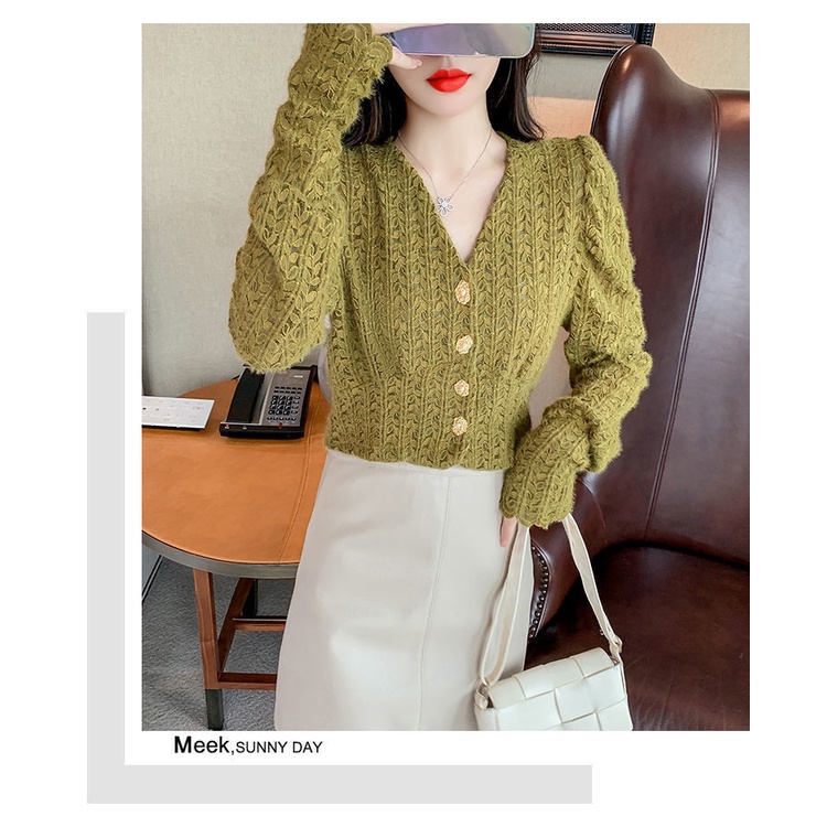 Áo Ren Tay Dài Phồng Cổ Chữ v Thời Trang Thu Đông 2022 Mới