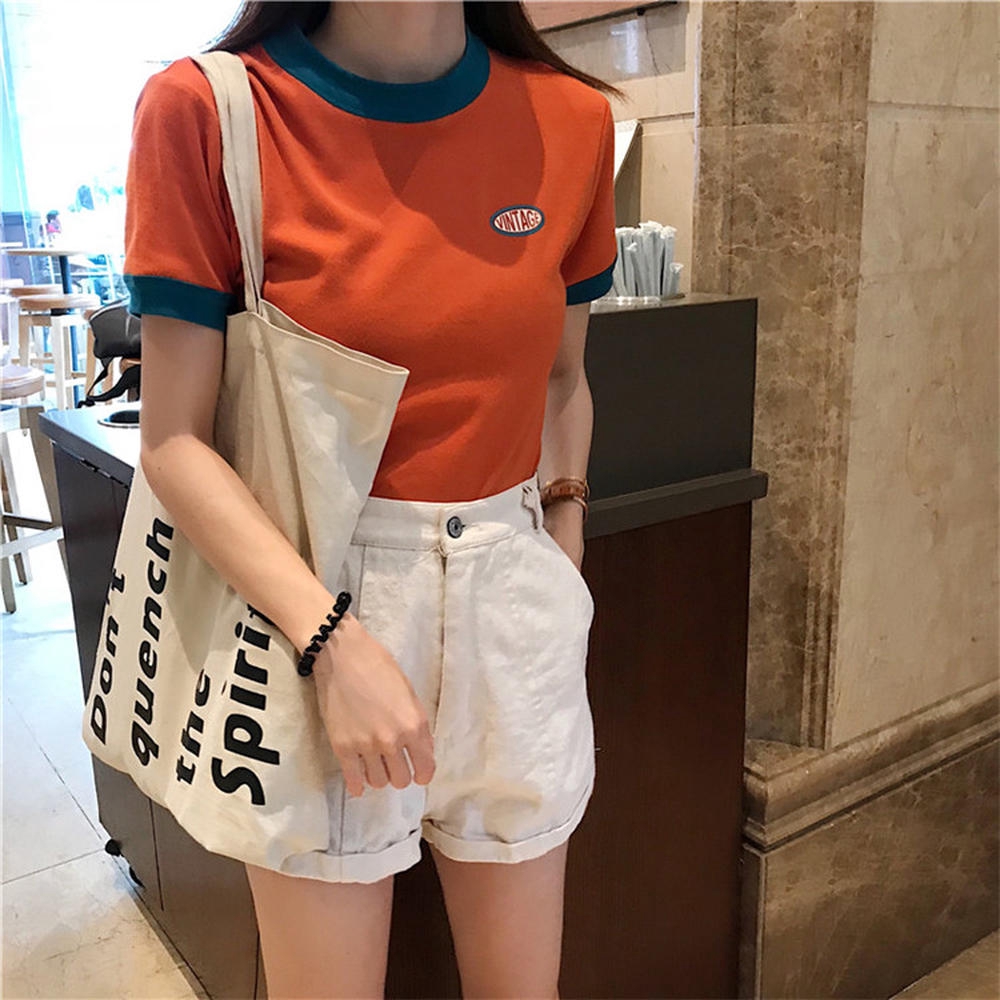 Áo Thun cotton Croptop Ngắn Tay In Họa Tiết Tương Phản Cá Tính - 27220